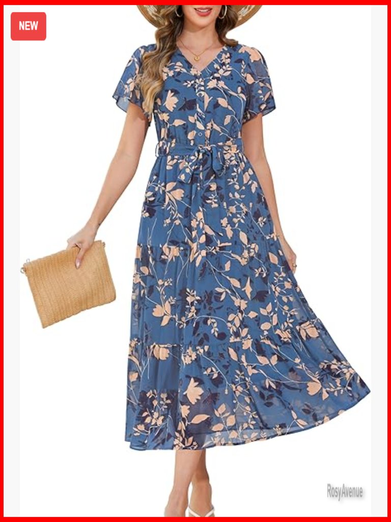 Maxi Dress With Pockets Removable Belt Button Front Chiffon Wedding Guest